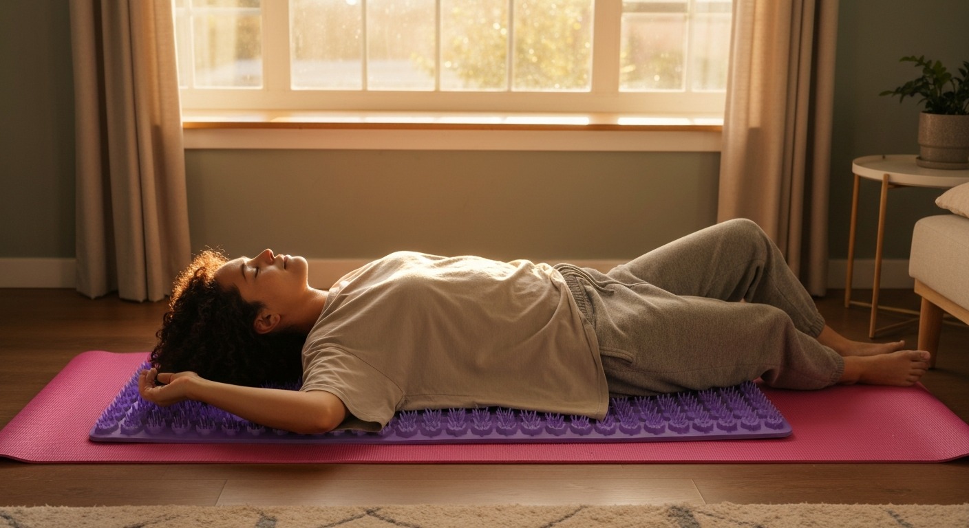 Person lying on an acupressure mat for sciatic nerve pain relief at home, showing the spike patterns on the mat surface