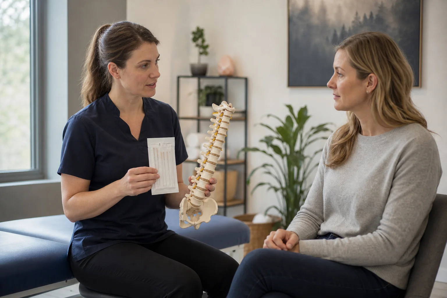Acupuncture consultation using sterile sealed supplies and a spine model
