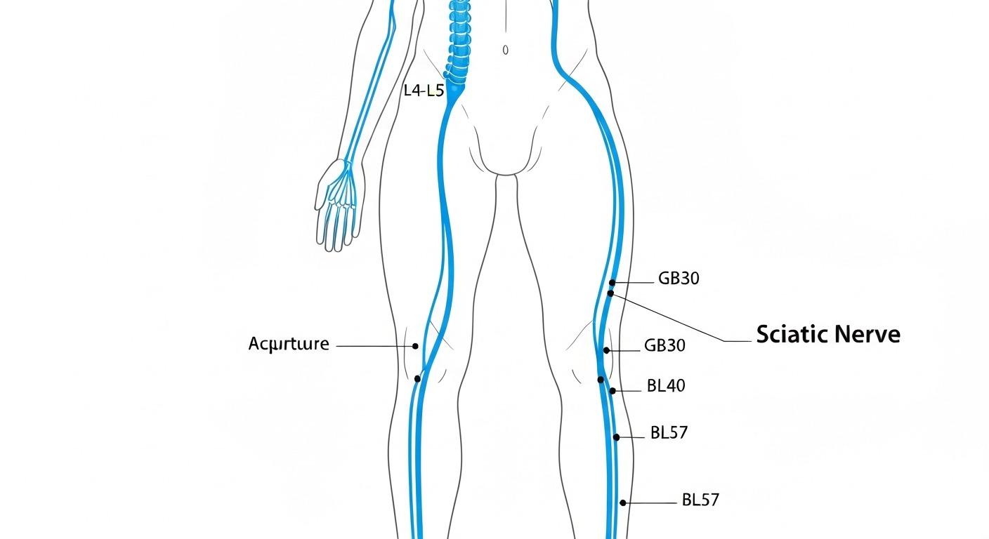 Diagram showing sciatic nerve pathway from lumbar spine through gluteal region and down the leg with acupuncture point locations marked