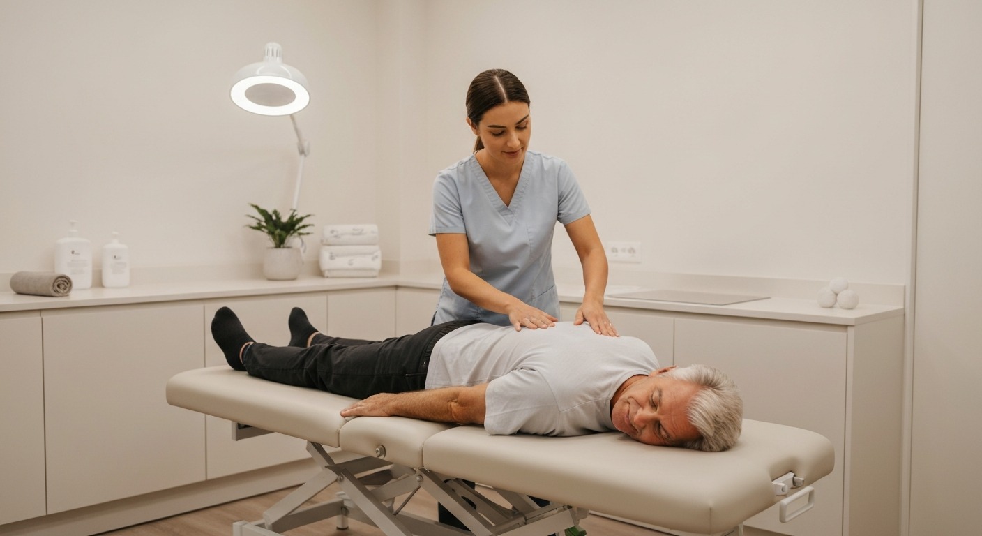 Acupuncturist working with patient in clinical setting, placing needles along the bladder meridian of the lower back