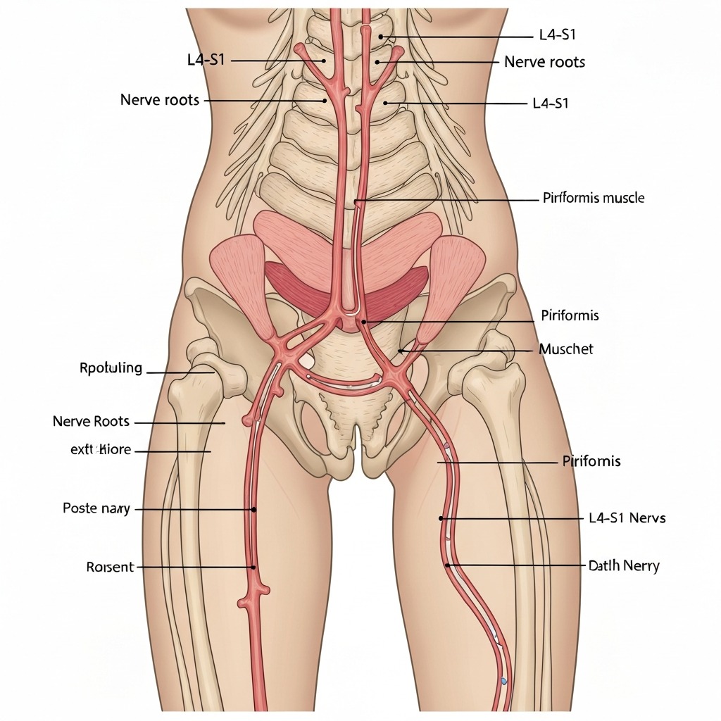 Sciatic nerve pathway anatomical diagram showing lumbar L4-S1 nerve roots and compression points during sitting