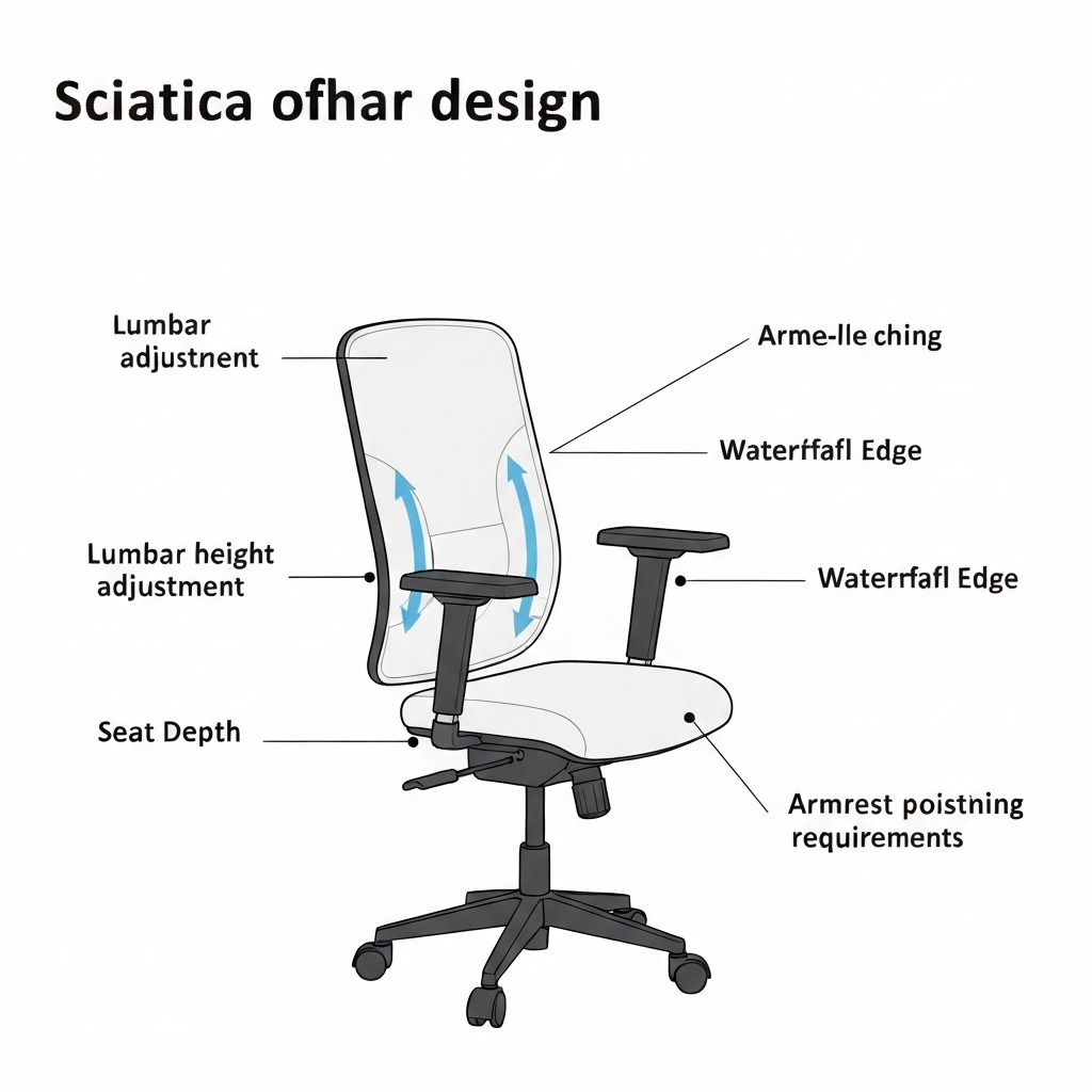 Sciatica office chair features infographic showing lumbar height, seat depth, waterfall edge, and armrest requirements