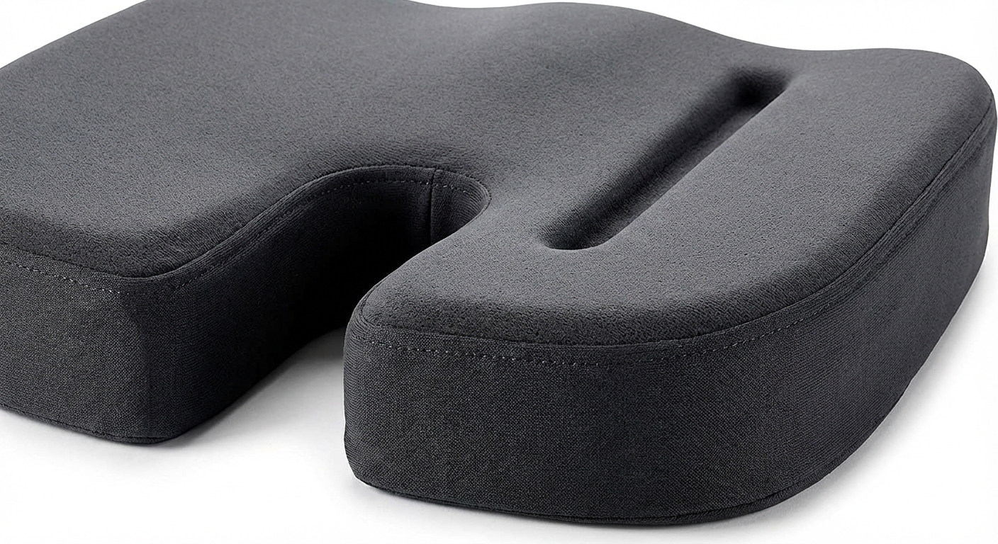 Memory foam car seat cushion showing deep U-shaped coccyx cutout for sciatic nerve relief