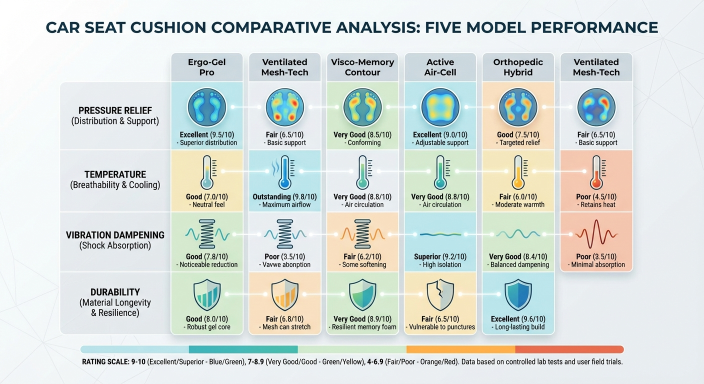 Infographic comparing five car seat cushions across key sciatica relief metrics