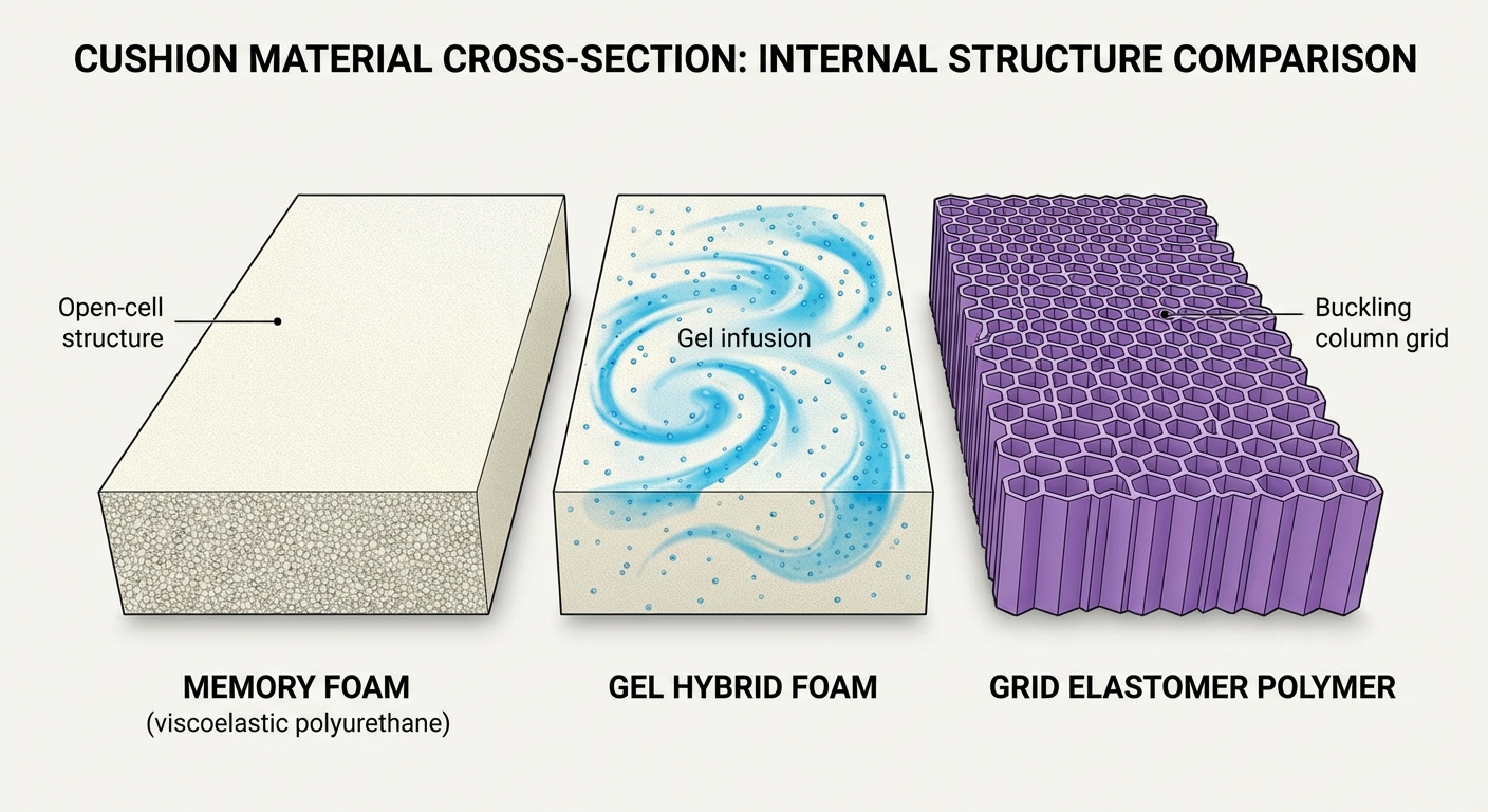 Cross-section of three cushion materials — memory foam, gel hybrid, and grid elastomer