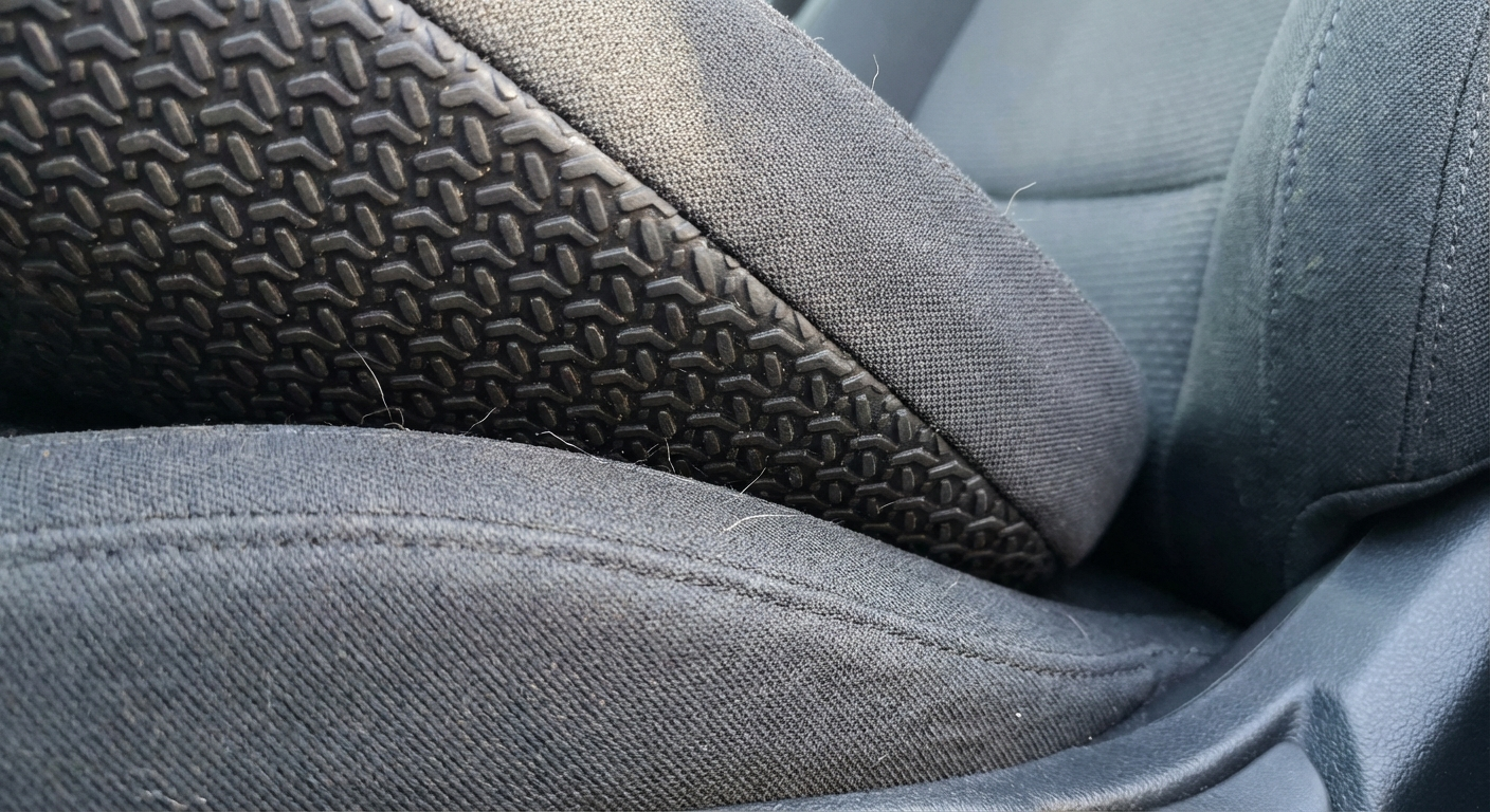 Close-up of a non-slip base gripping a car bucket seat — essential for safe driving