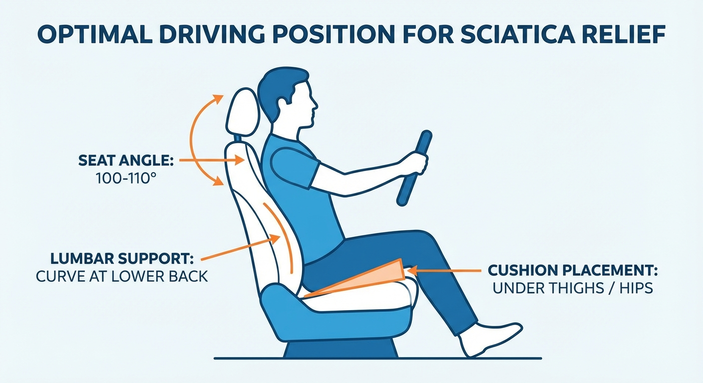 Diagram showing optimal driving position for sciatica — seat angle, lumbar support, and cushion placement