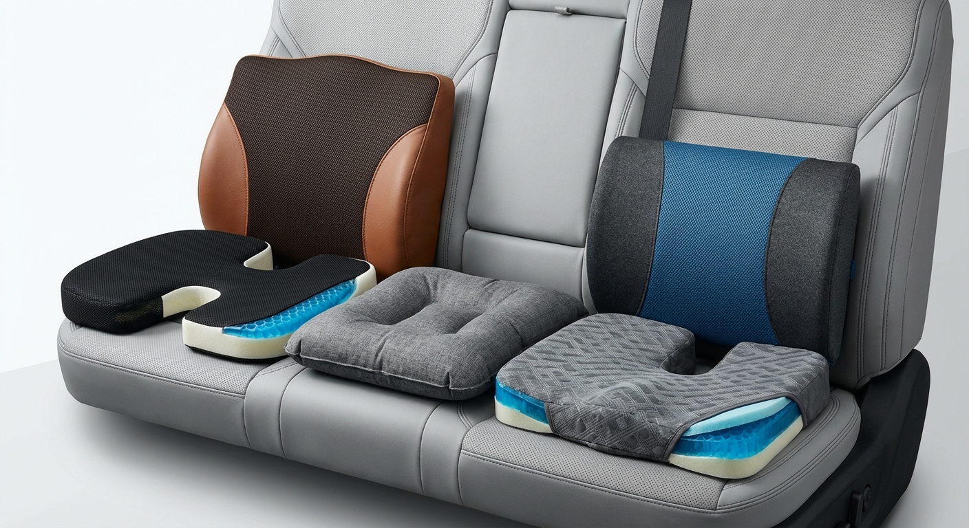 Five car seat cushions for sciatica arranged on a car seat — showing differences in profile, material, and design
