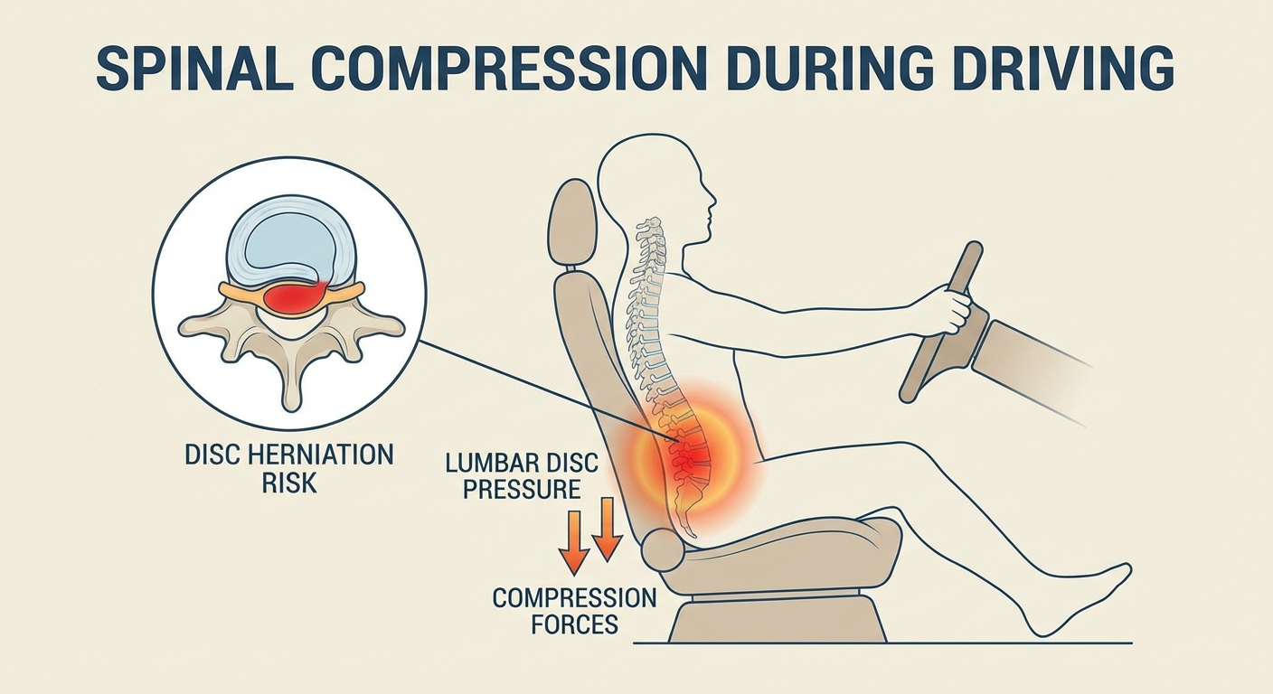 Diagram showing spinal compression forces during driving — lumbar disc pressure increases with poor posture