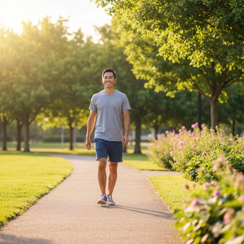 Person walking outdoors gently with lower back pain relief, soft sunlight through park trees