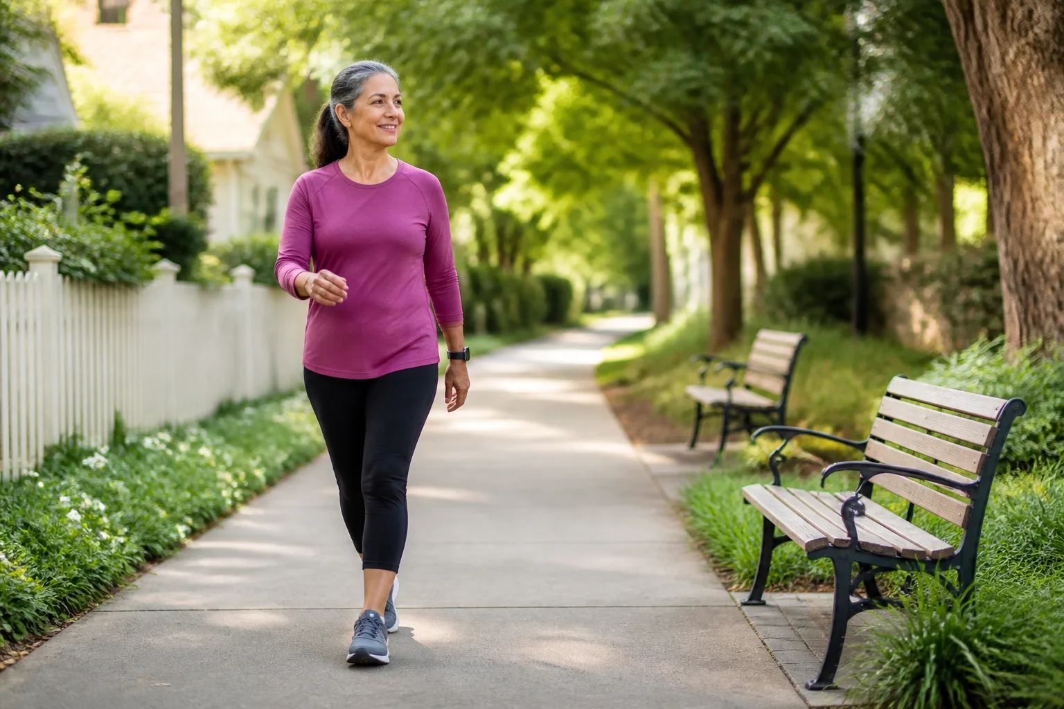 Adult taking a measured walk on a flat path with rest benches