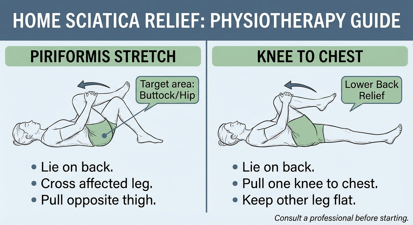 Sciatica recovery exercises piriformis stretch and knee to chest gentle stretching for nerve decompression