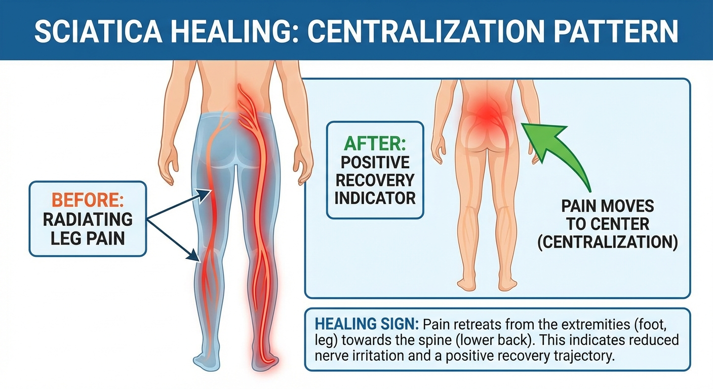 Sciatica healing signs infographic showing centralization pattern and positive recovery indicators