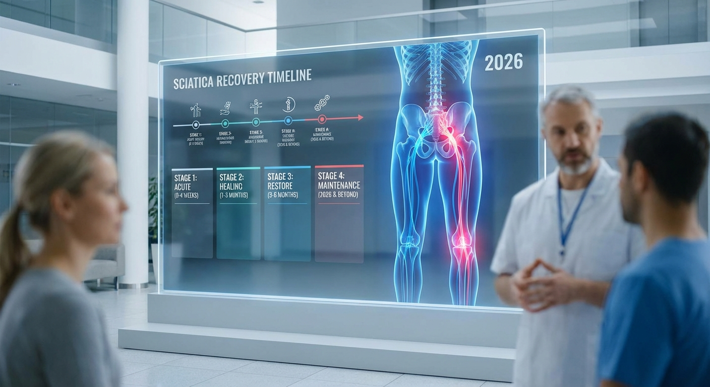 How long does sciatica last recovery timeline showing acute chronic and severe stages