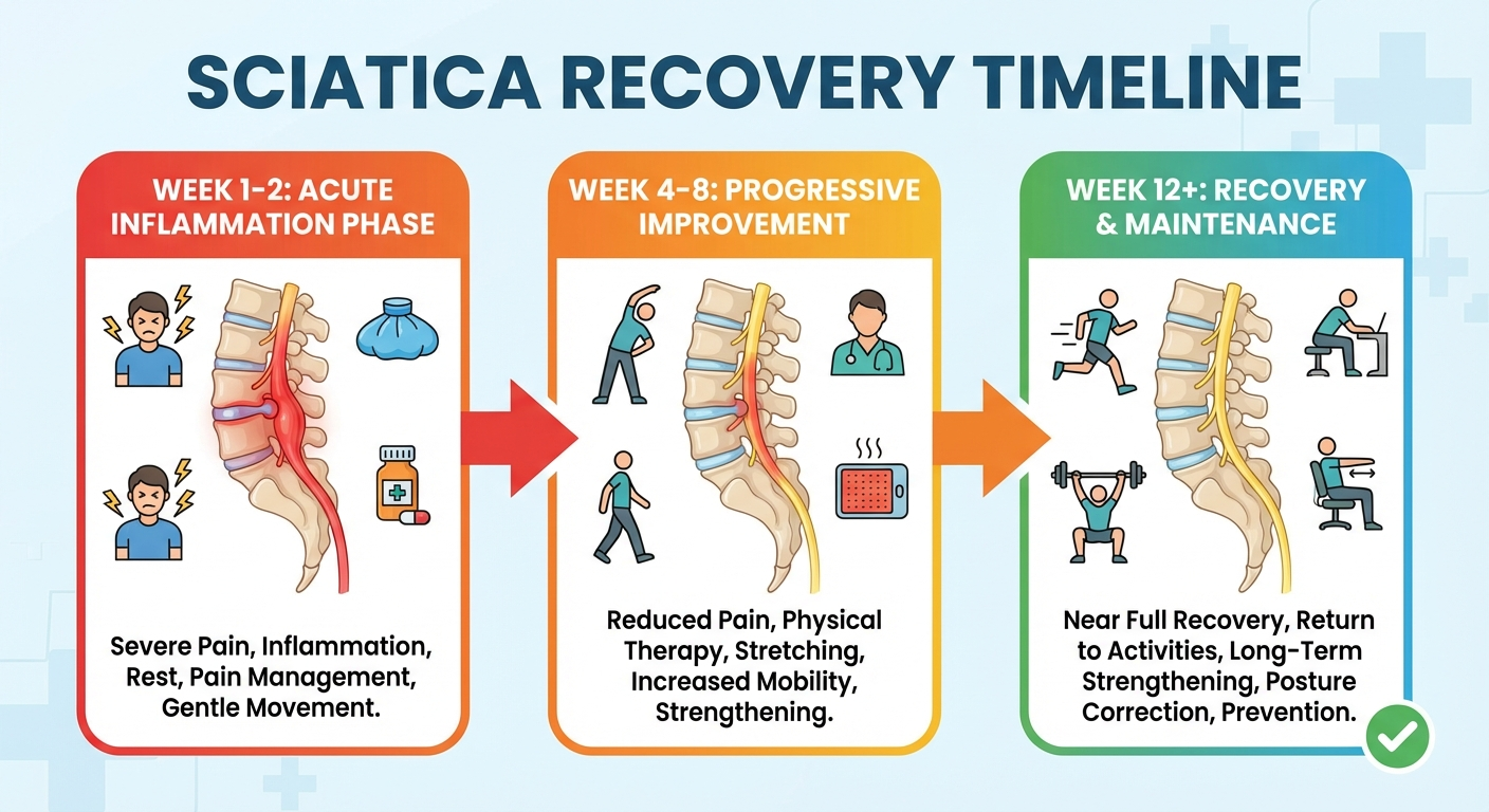 Sciatica treatment stages infographic showing conservative management to physical therapy to specialist intervention