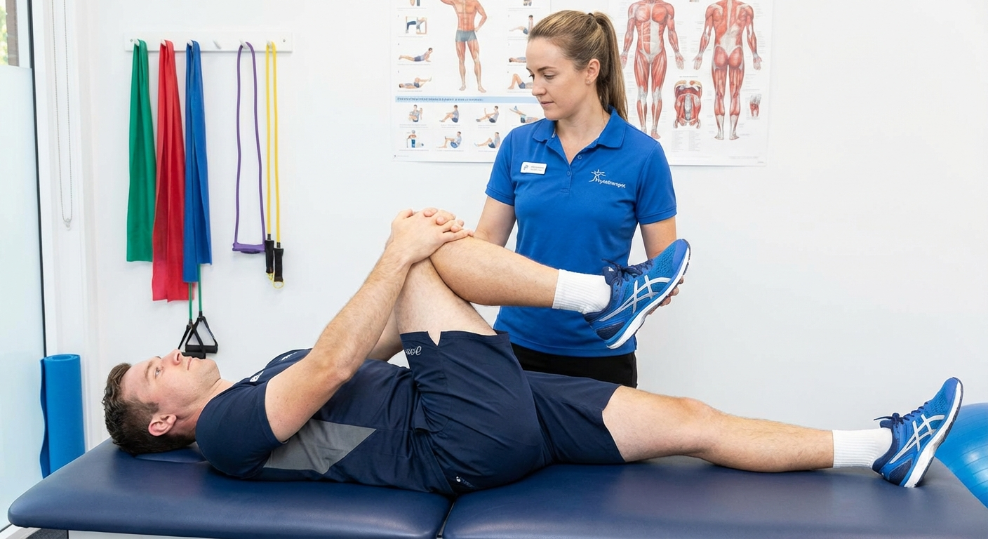 Person performing knee-to-chest stretch while seated in a chair