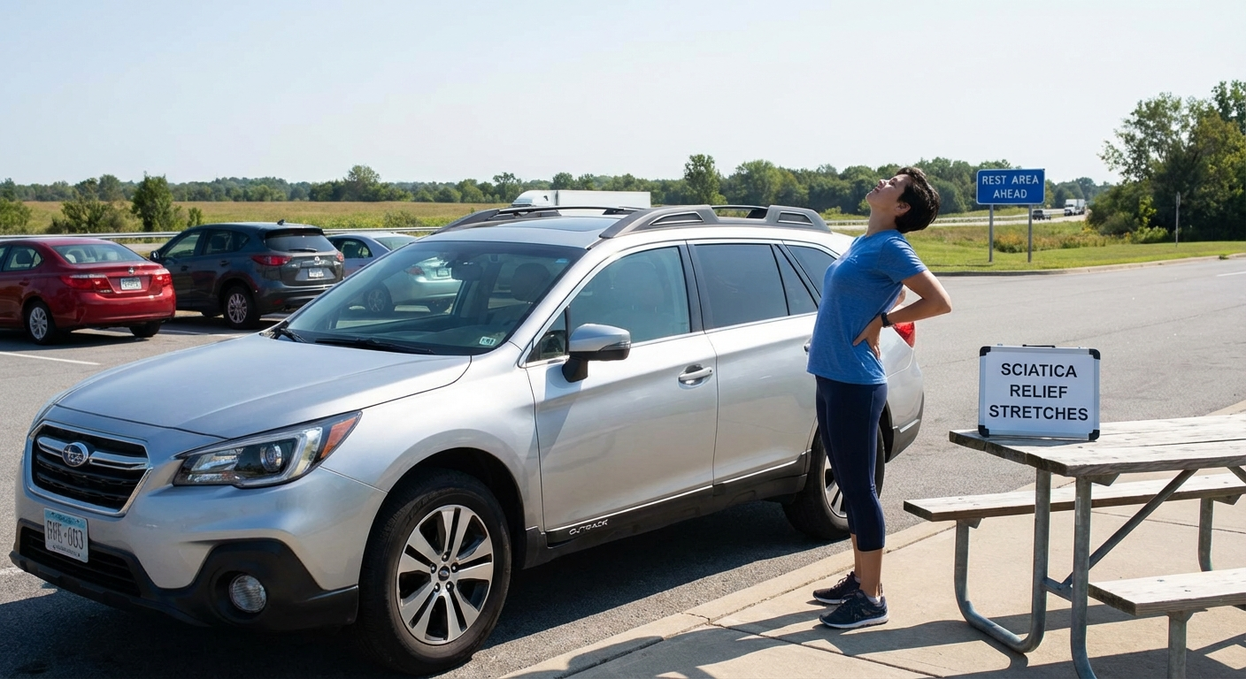 Stretching routine at a rest stop during a long drive — essential for sciatica management