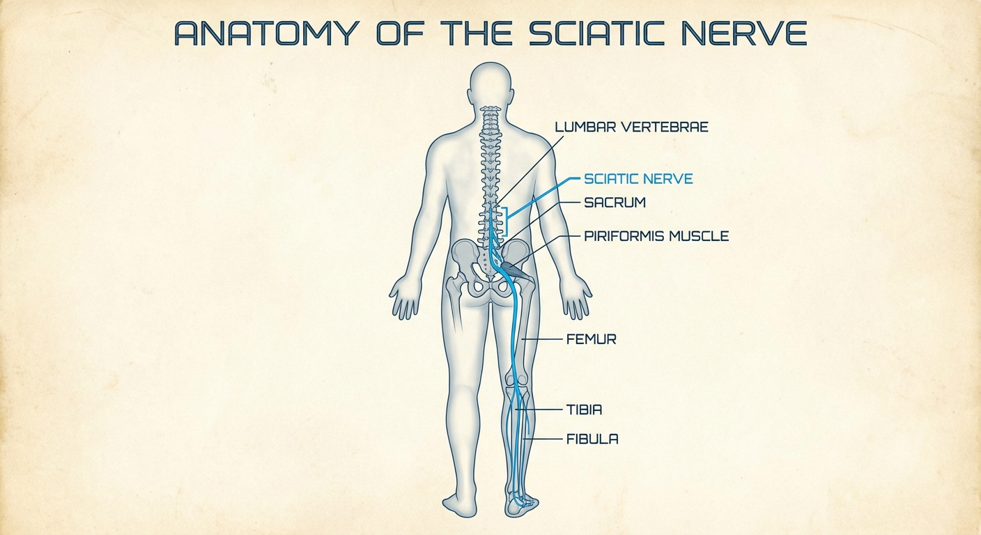 Sciatic nerve anatomy diagram showing pathway from lower spine through buttock to leg