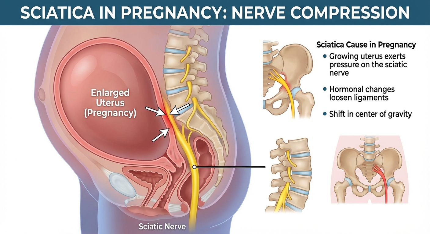 Infographic showing how pregnancy causes sciatica with anatomical diagram