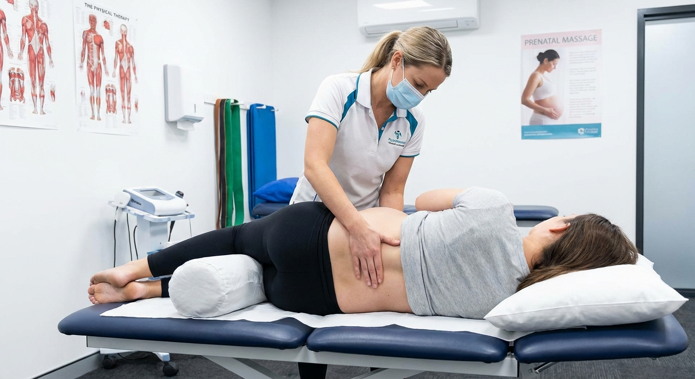 Physiotherapist treating pregnant woman for sciatica