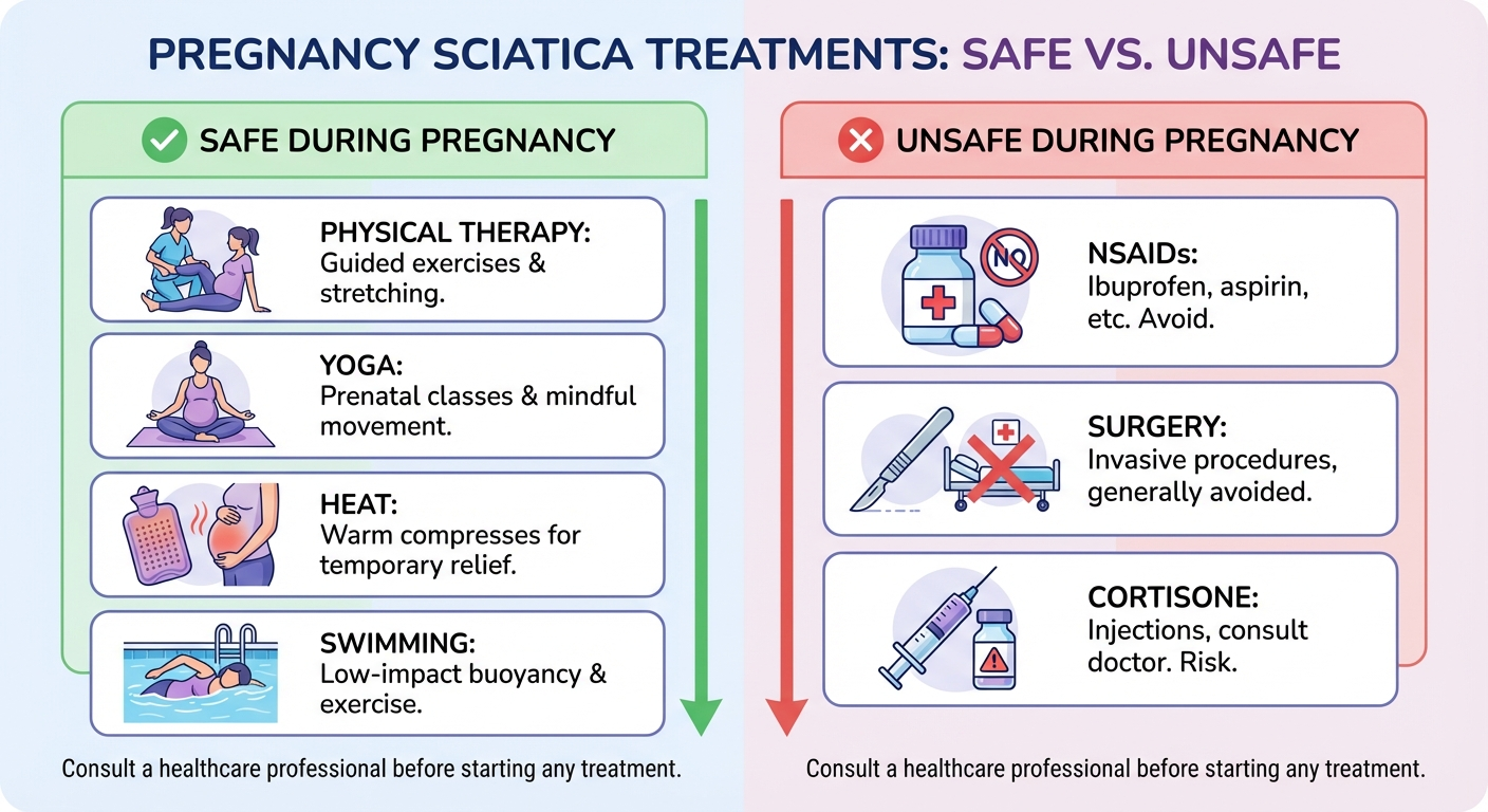 Infographic comparing safe and unsafe sciatica treatments during pregnancy