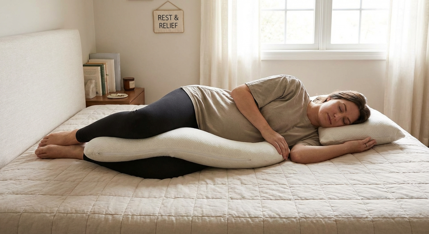 Pregnant woman sleeping on left side with pillow between knees for sciatica relief