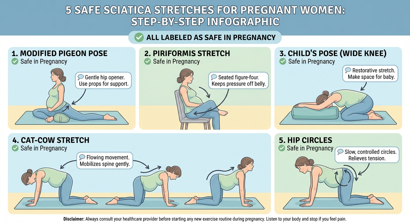 Infographic showing 5 safe stretches for sciatica during pregnancy