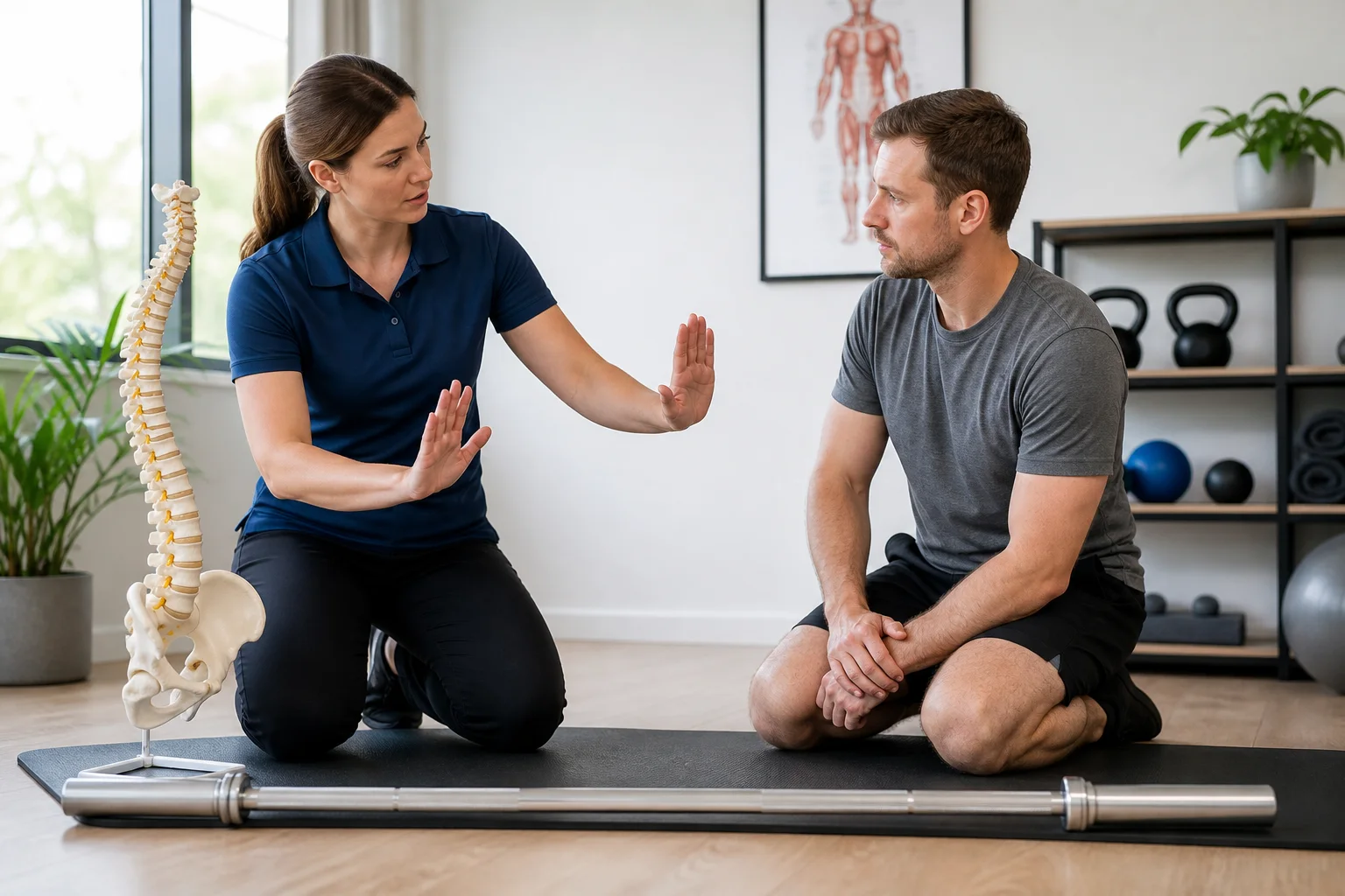Physiotherapist explaining loaded exercises to avoid during a sciatica flare