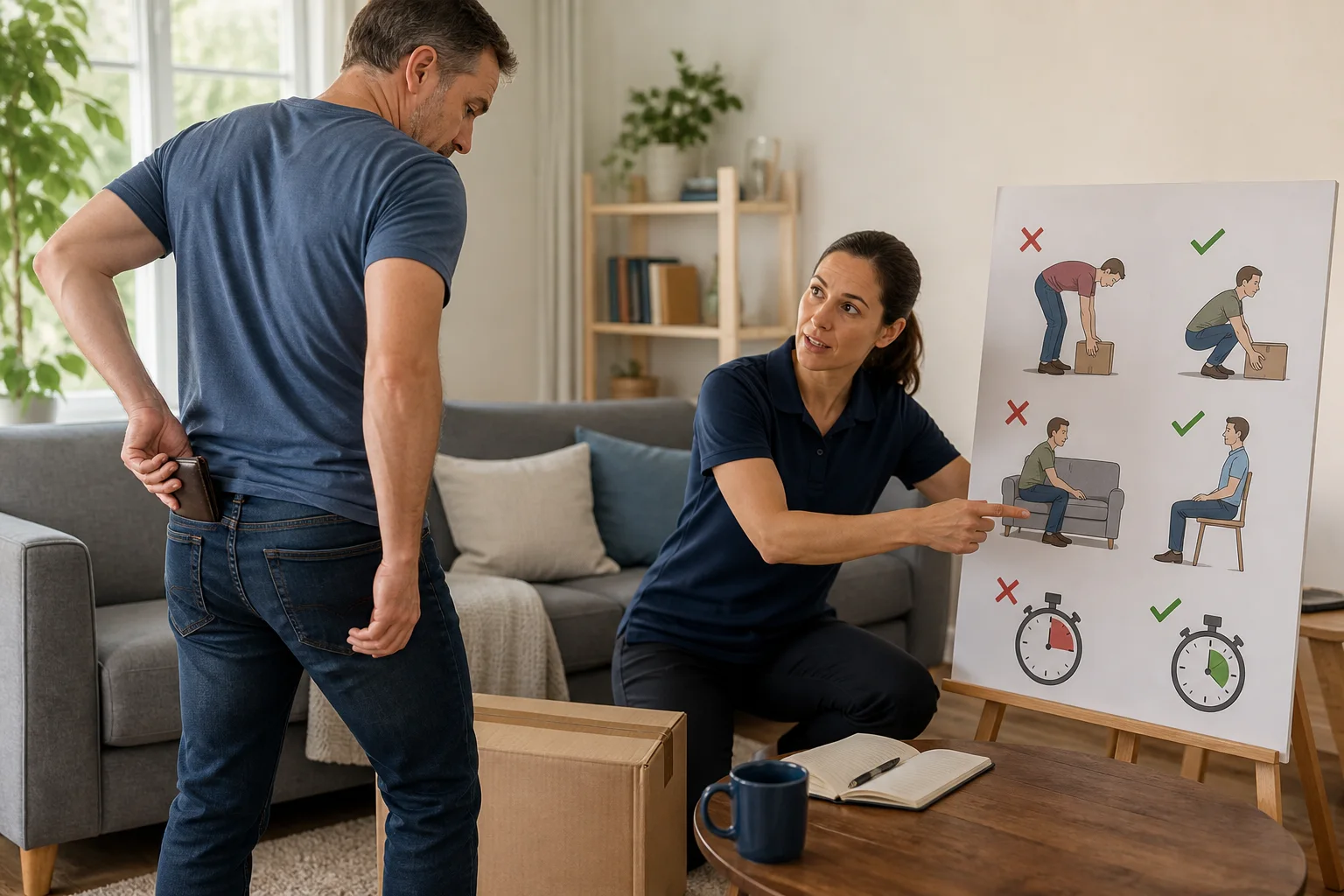 Adult and physiotherapist reviewing common lifting and sitting flare triggers