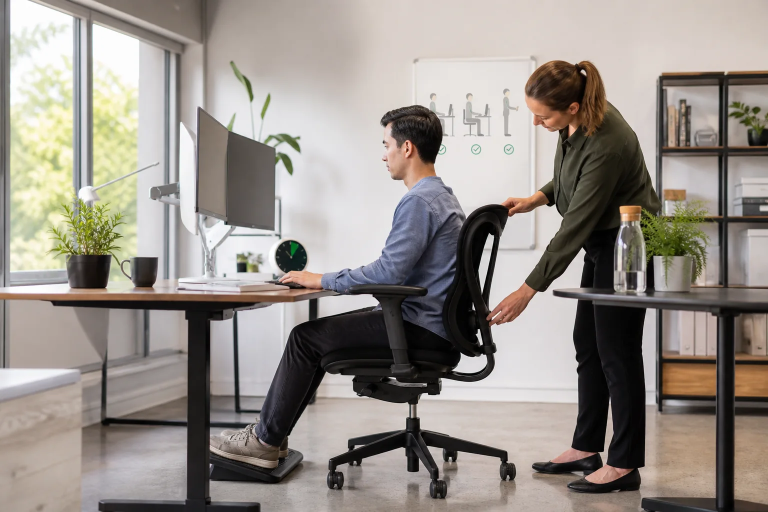 Ergonomic specialist correcting prolonged sitting at a home desk