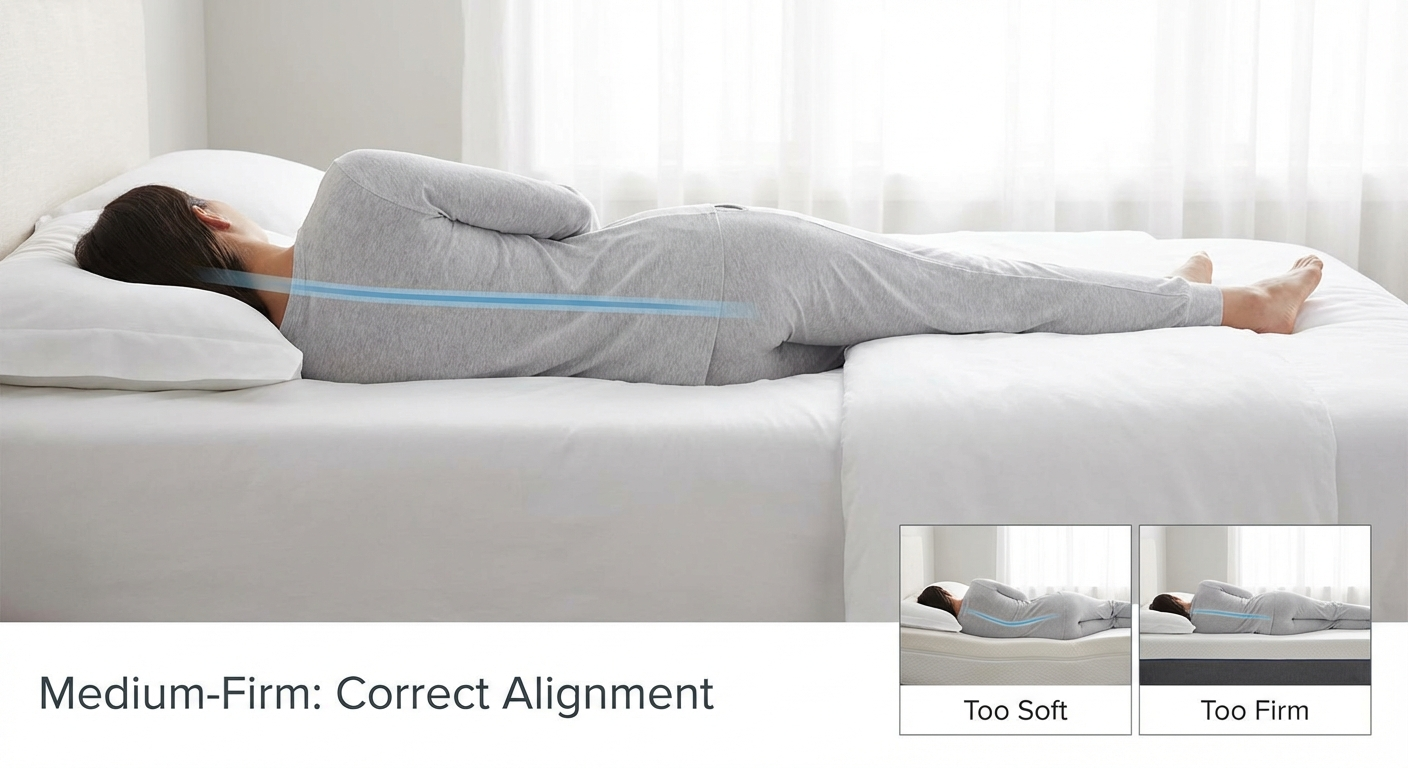Person sleeping on their side with a contoured knee pillow, body pillow, and lumbar roll properly positioned for sciatica relief