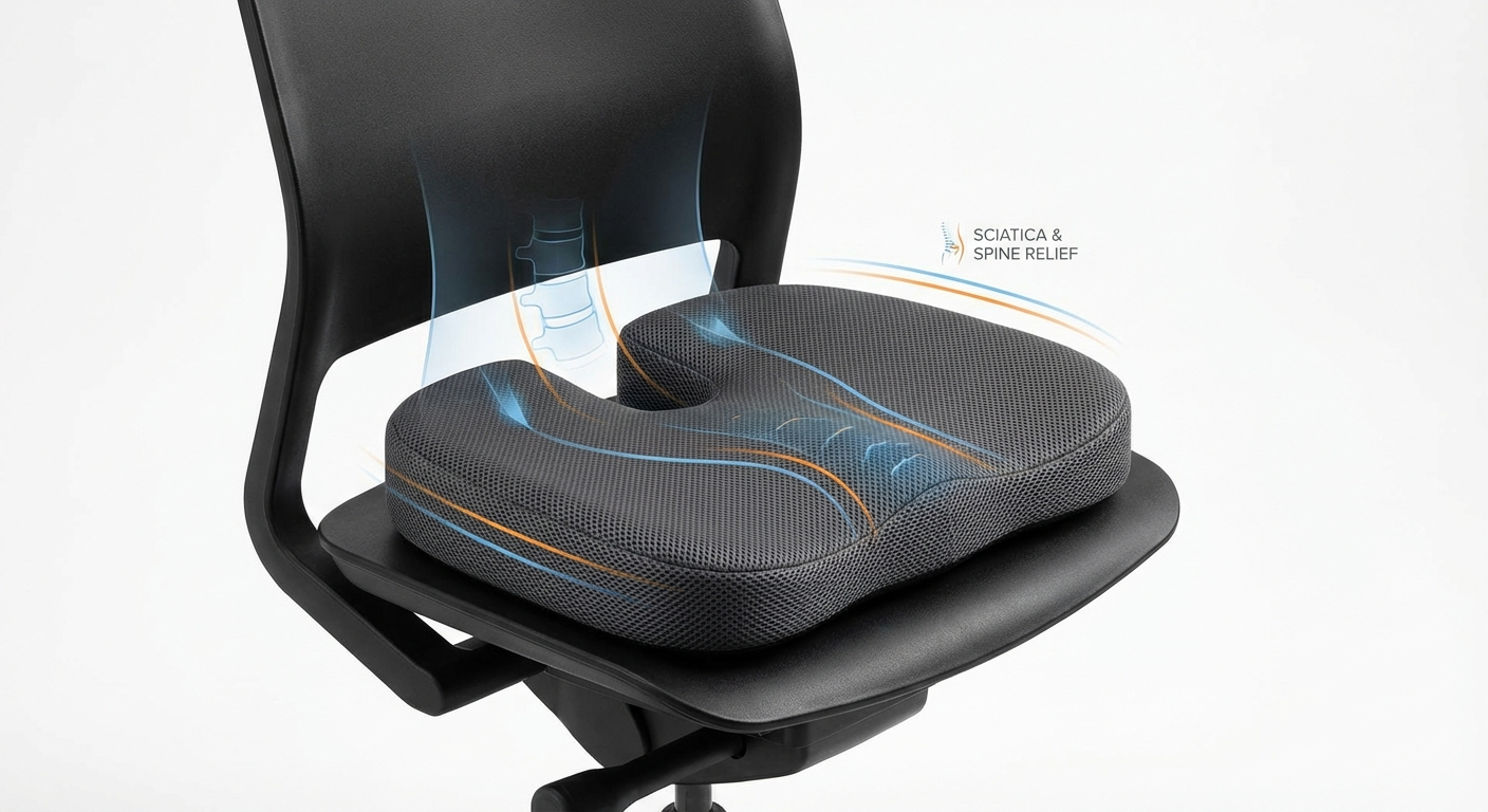 Ergonomic seat cushion with U-shaped cutout — reduces sciatica nerve compression while seated