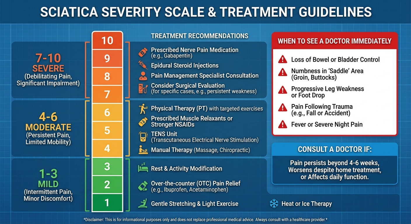 Sciatica severity guide — treatment approach changes significantly at each level