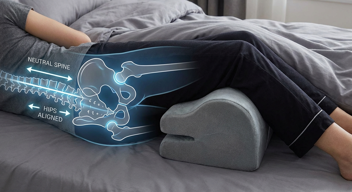 Side sleeping position for sciatica showing pillow placement