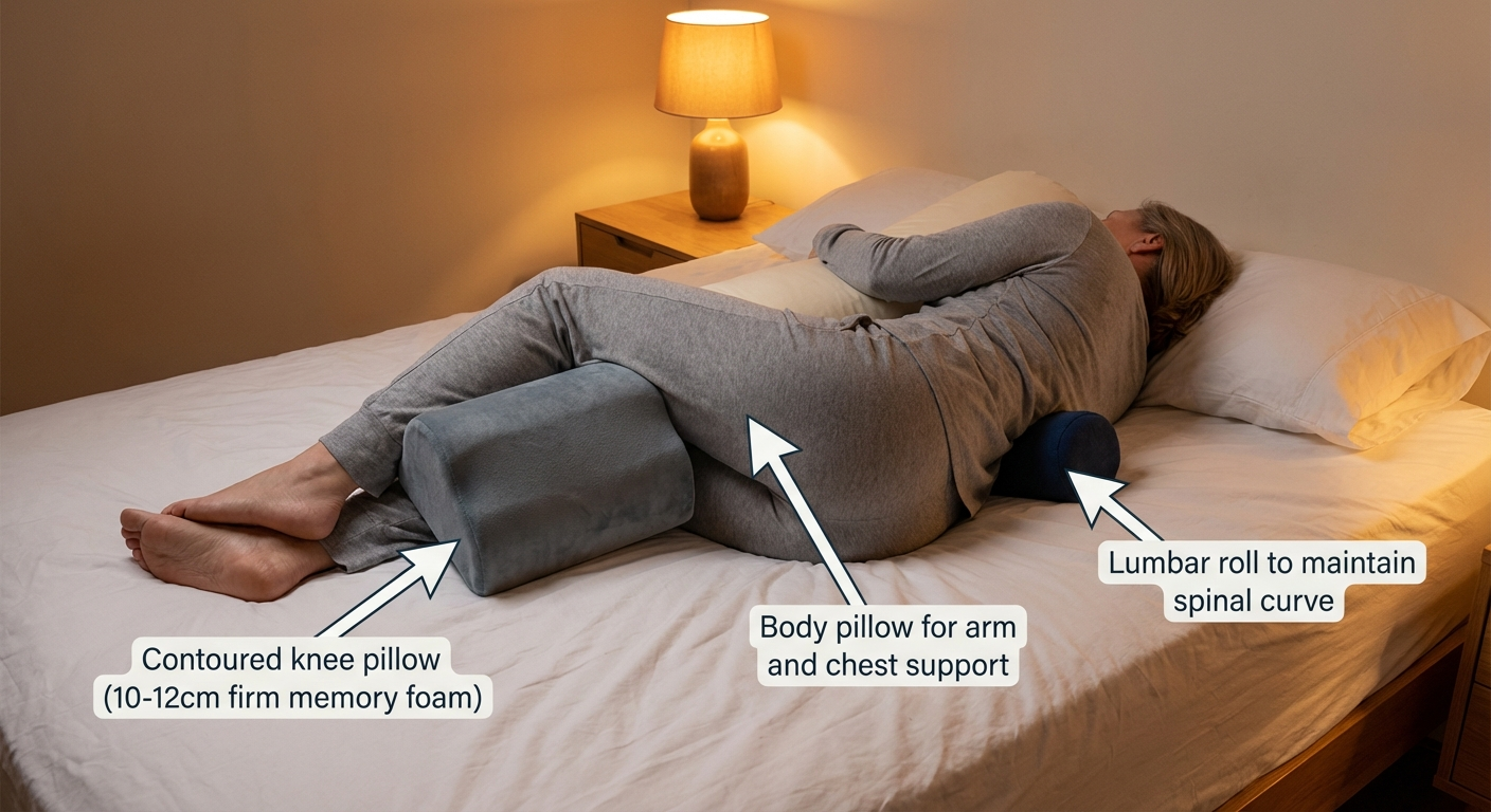 Infographic showing four recommended sleeping positions for sciatica: back with knee support, side with knee pillow, legs elevated, and modified fetal position