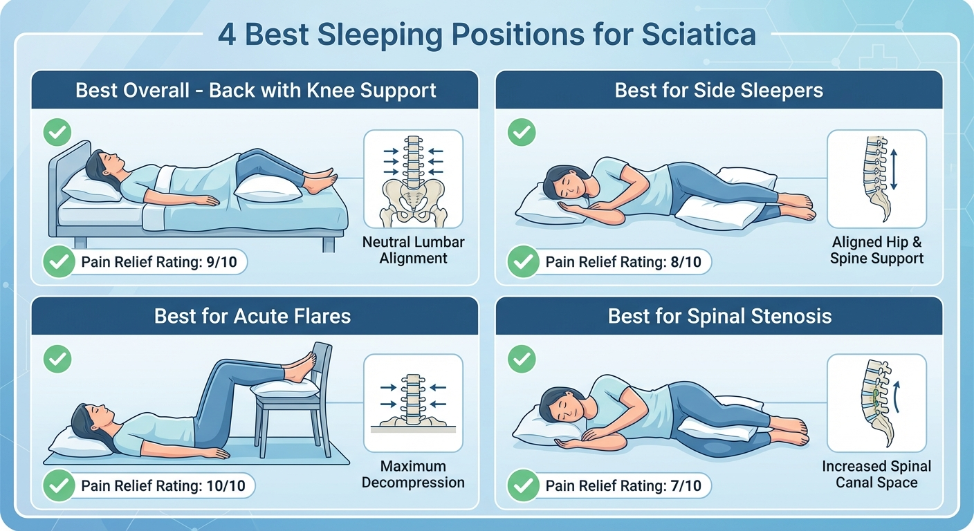 Cross-sectional medical illustration of lumbar spine showing a bulging disc pressing on the sciatic nerve root during sleep