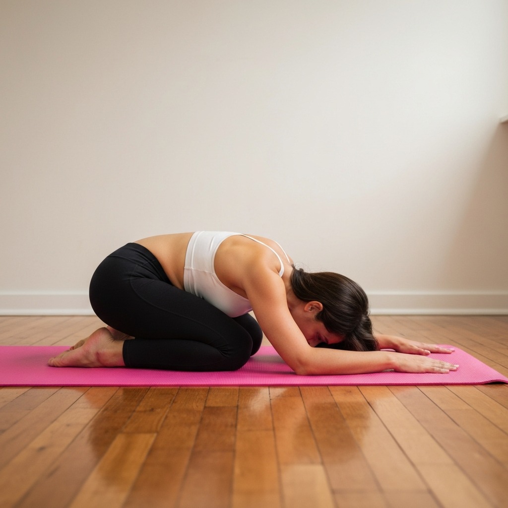 Woman in child's pose on yoga mat with arms extended forward for sciatica relief