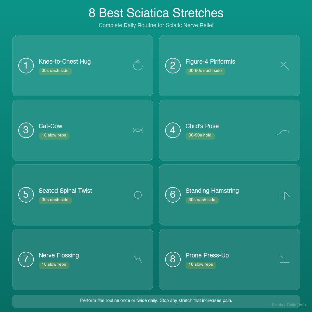 Complete daily sciatica stretch routine infographic showing all 10 stretches with timing and order