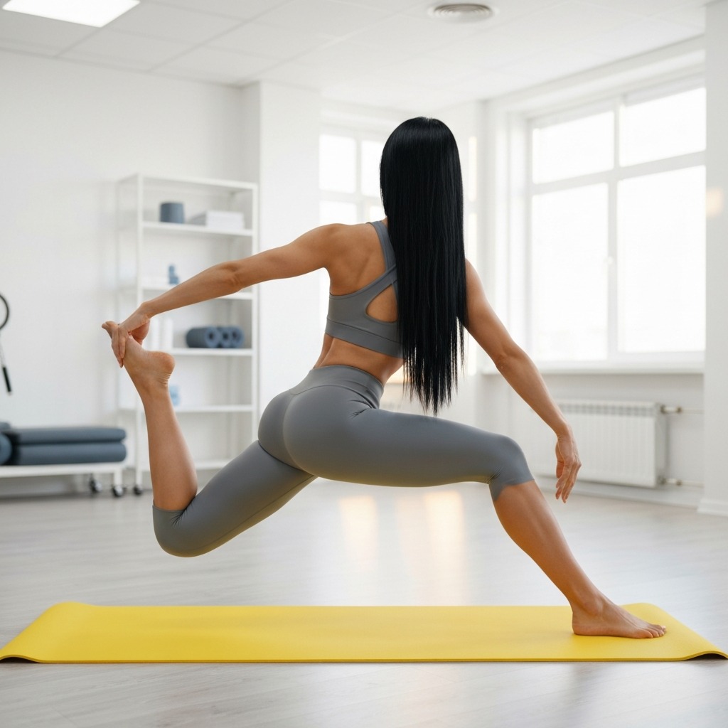 Woman performing a gentle sciatica stretch on yoga mat in bright physical therapy clinic