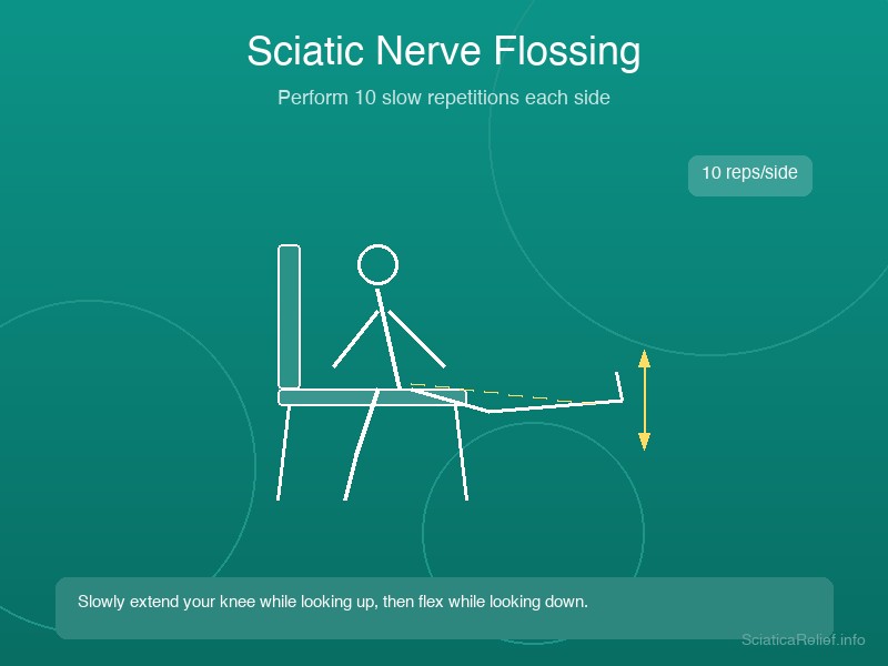 Person performing sciatic nerve flossing exercise while seated, extending one leg with foot flexed