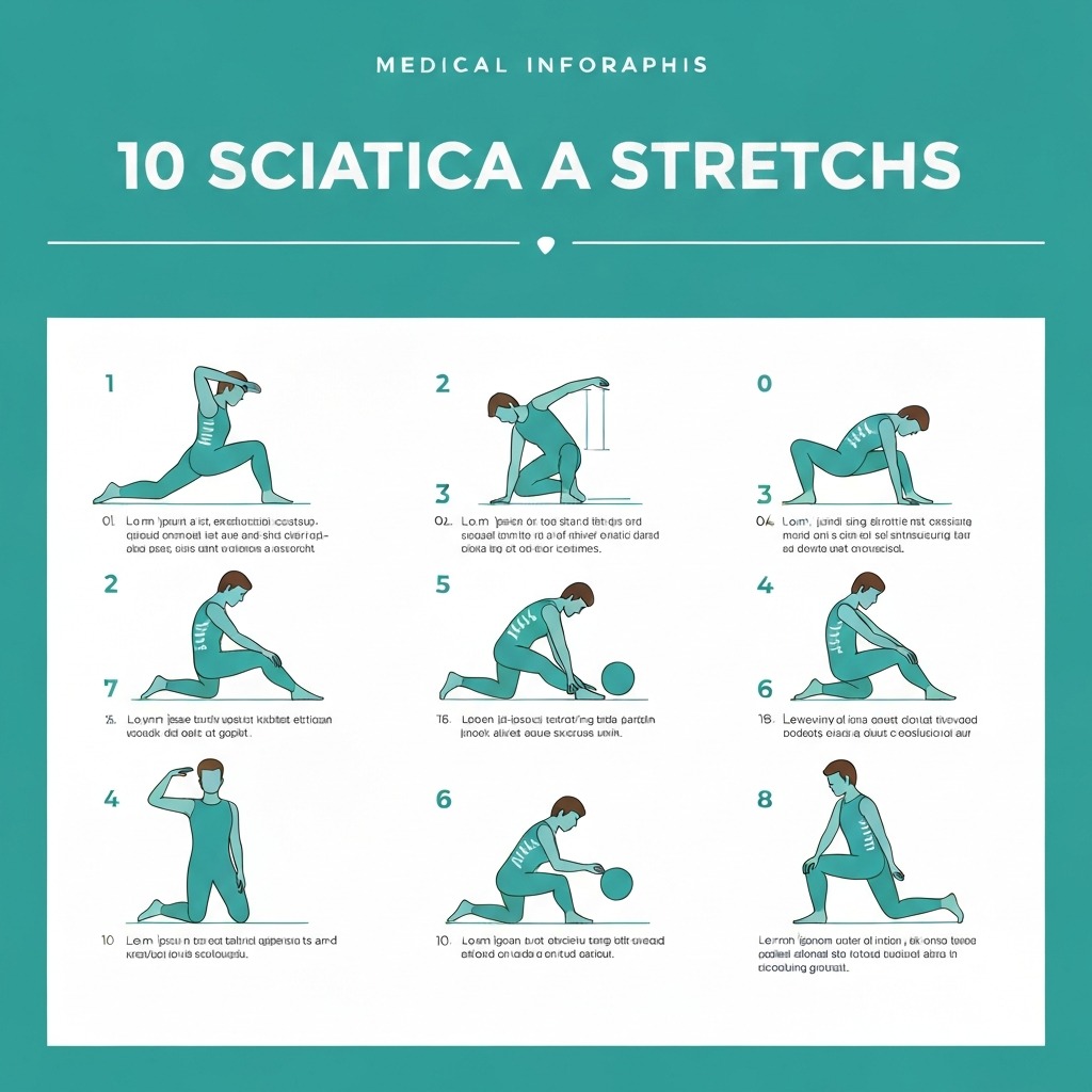 Infographic showing 10 sciatica stretches overview chart with numbered positions