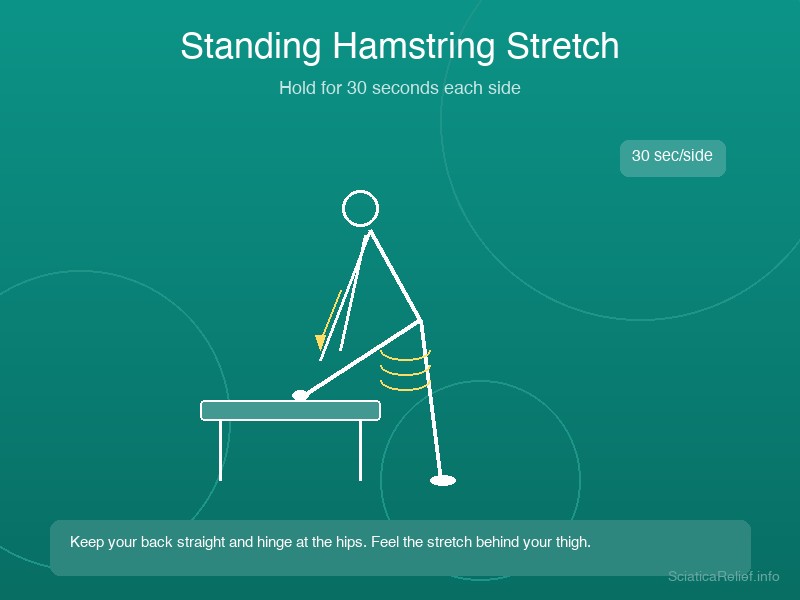 Woman performing standing quad stretch for sciatica relief outdoors with supportive tree or wall