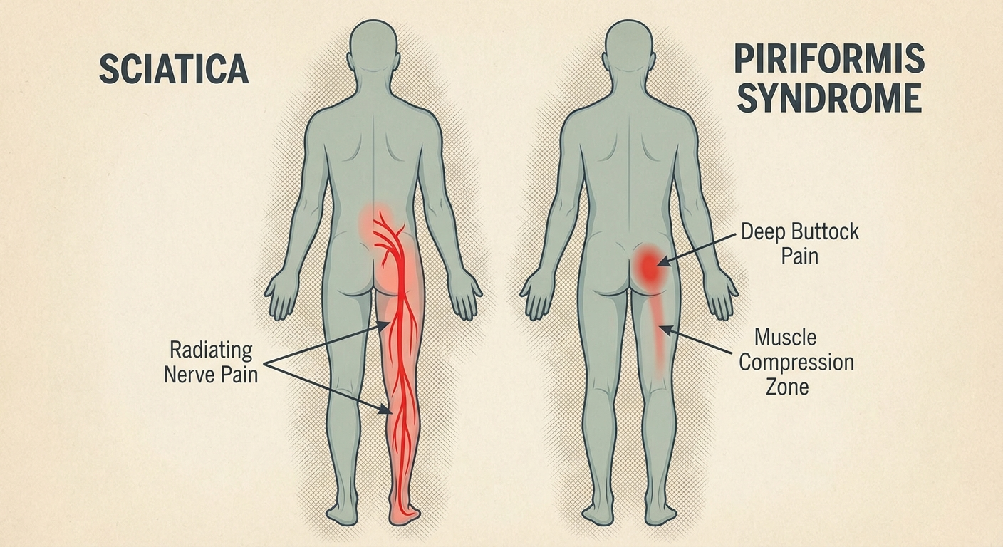 Pain location is the first diagnostic clue — sciatica reaches the foot, piriformis stays in the hip