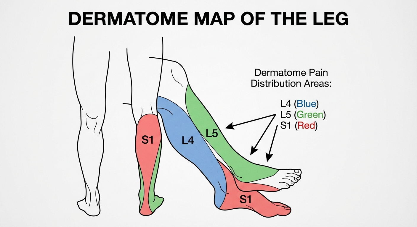 Dermatome map of the leg showing L4 L5 and S1 nerve root pain distribution