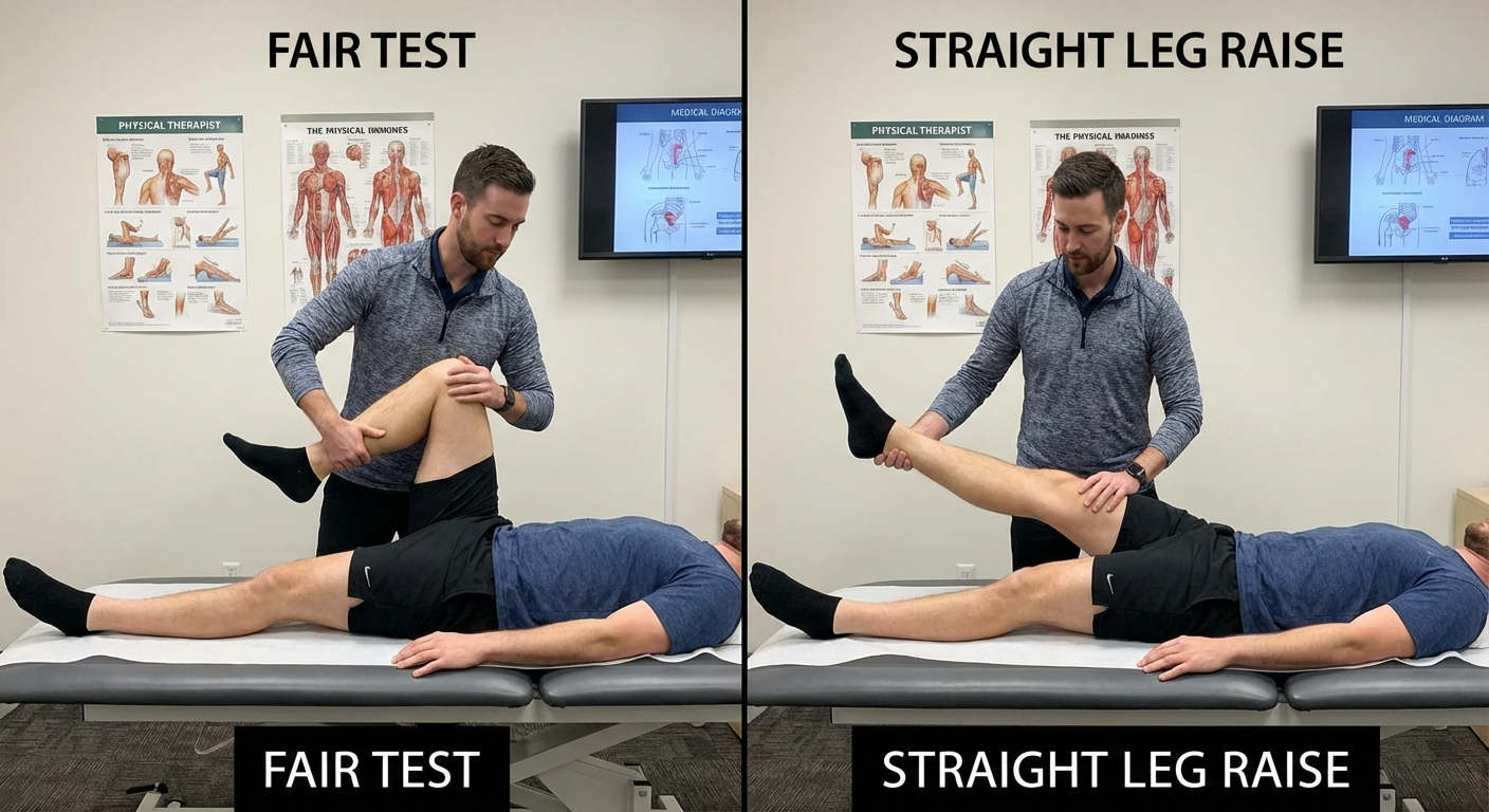 Side-by-side demonstration of the FAIR test and straight leg raise test