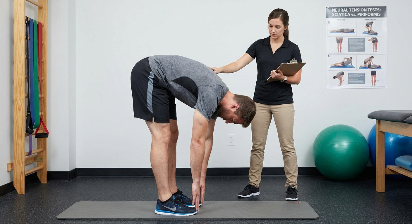 Person performing the forward bend test to distinguish between sciatica and piriformis syndrome