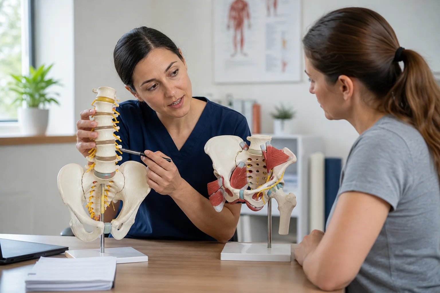 Clinician comparing spine nerve and deep hip muscle models