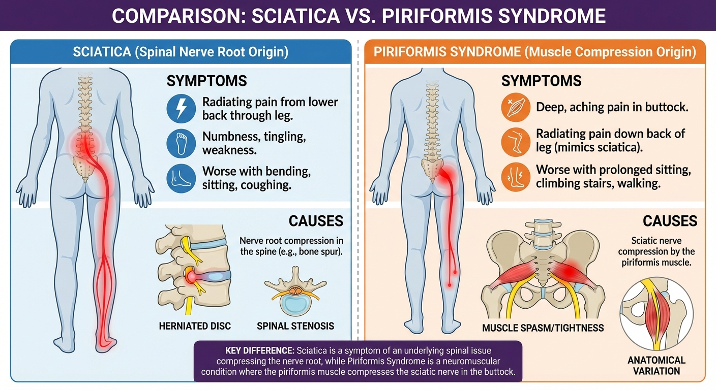 Comparison infographic showing key differences between sciatica and piriformis syndrome