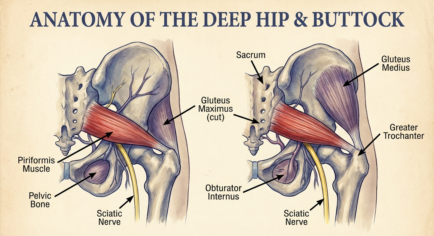 Anatomy of the deep hip and buttock muscles showing the piriformis muscle and its relationship to the sciatic nerve