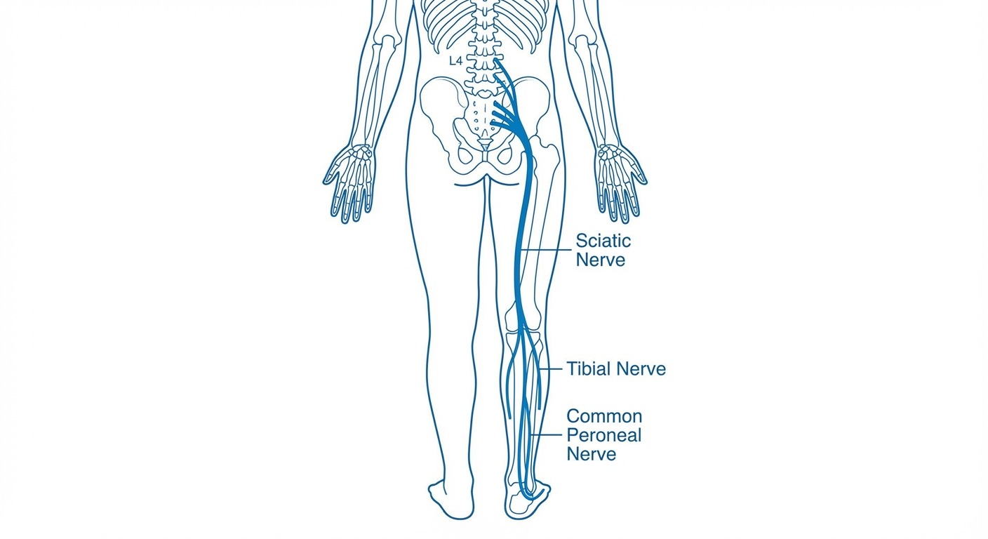Anatomy diagram of the sciatic nerve pathway from the lumbar spine through the buttock and down the leg